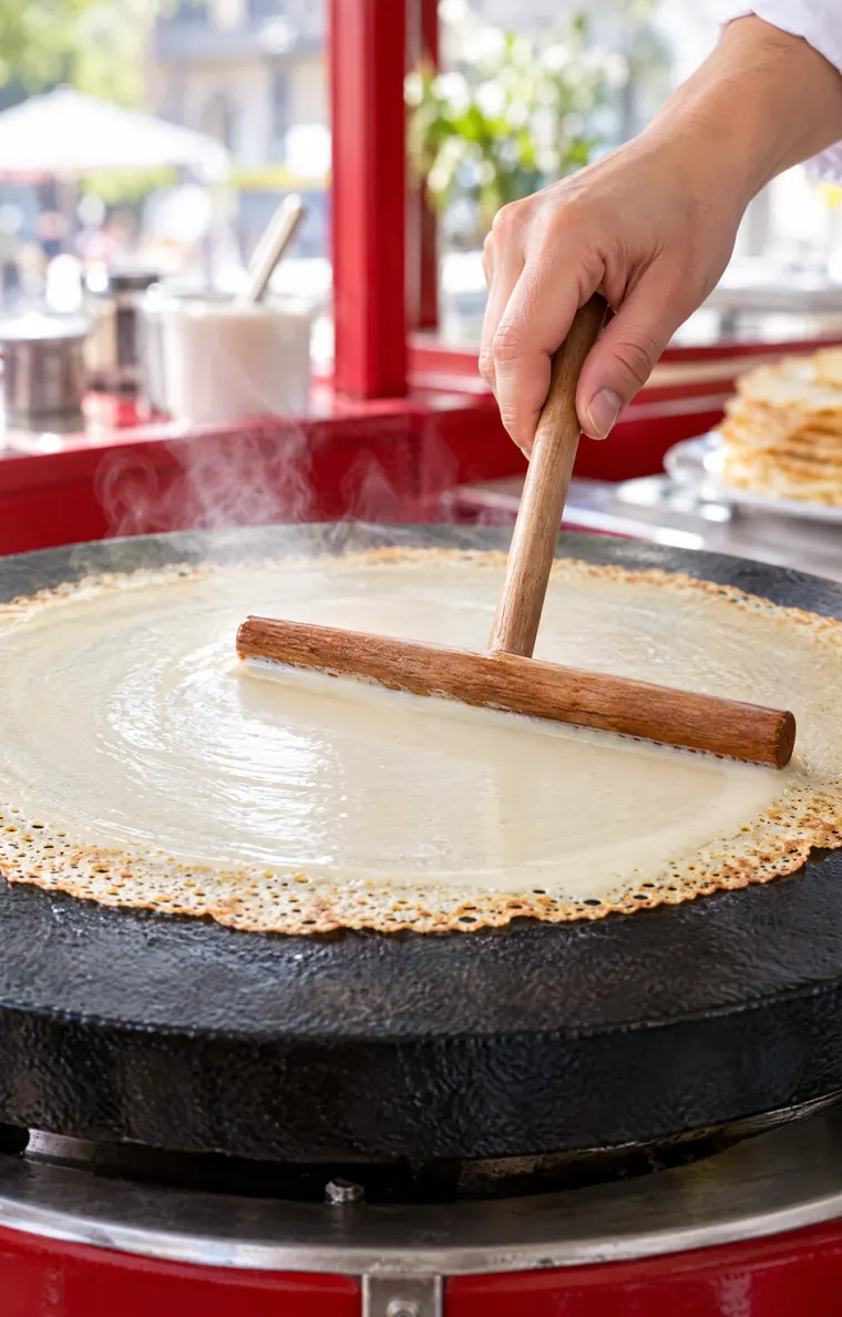 Crêpe batter spread thin on a round griddle