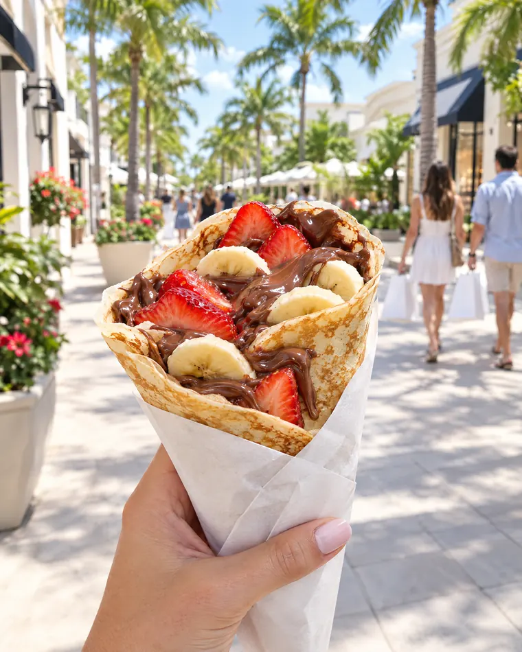 A crêpe cone held up on a sunny shopping promenade