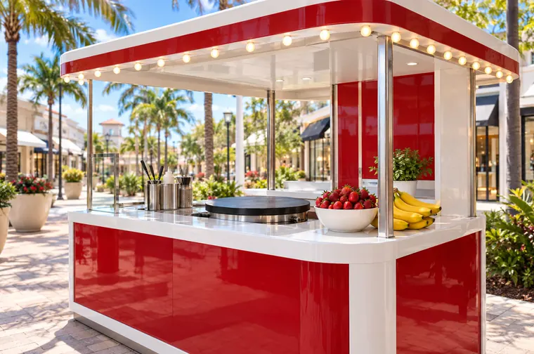 A red and white crêpe kiosk with marquee lights in a sunny outdoor mall