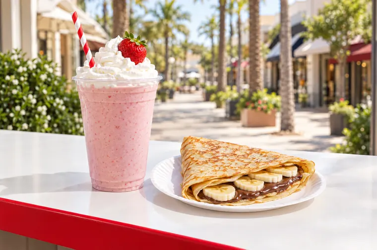 A strawberry milkshake next to a banana and Nutella crêpe