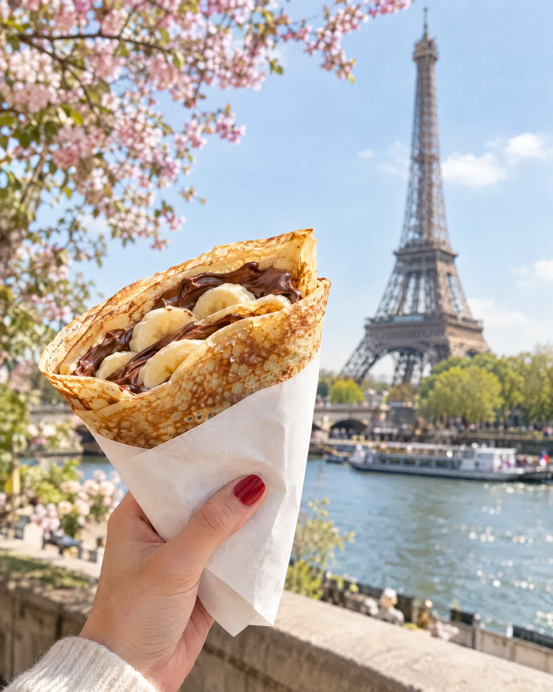 A crêpe with chocolate and banana held up in front of the Eiffel Tower